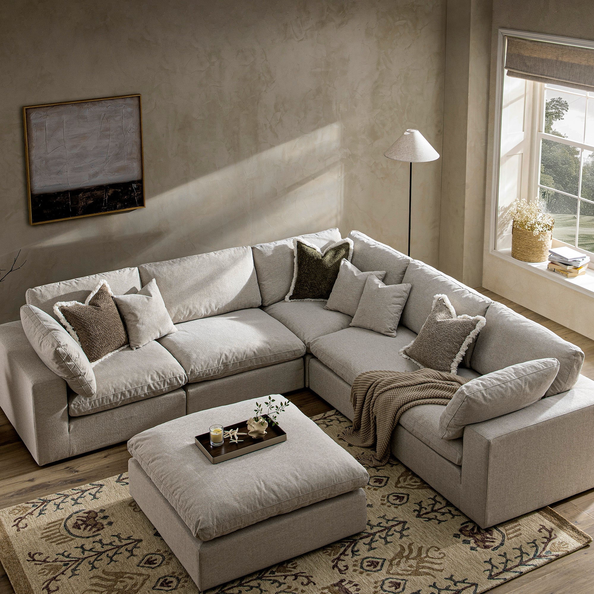 Lutyens Oatmeal Weave Fabric Blend Modular Sofa, 5-Piece Corner Set