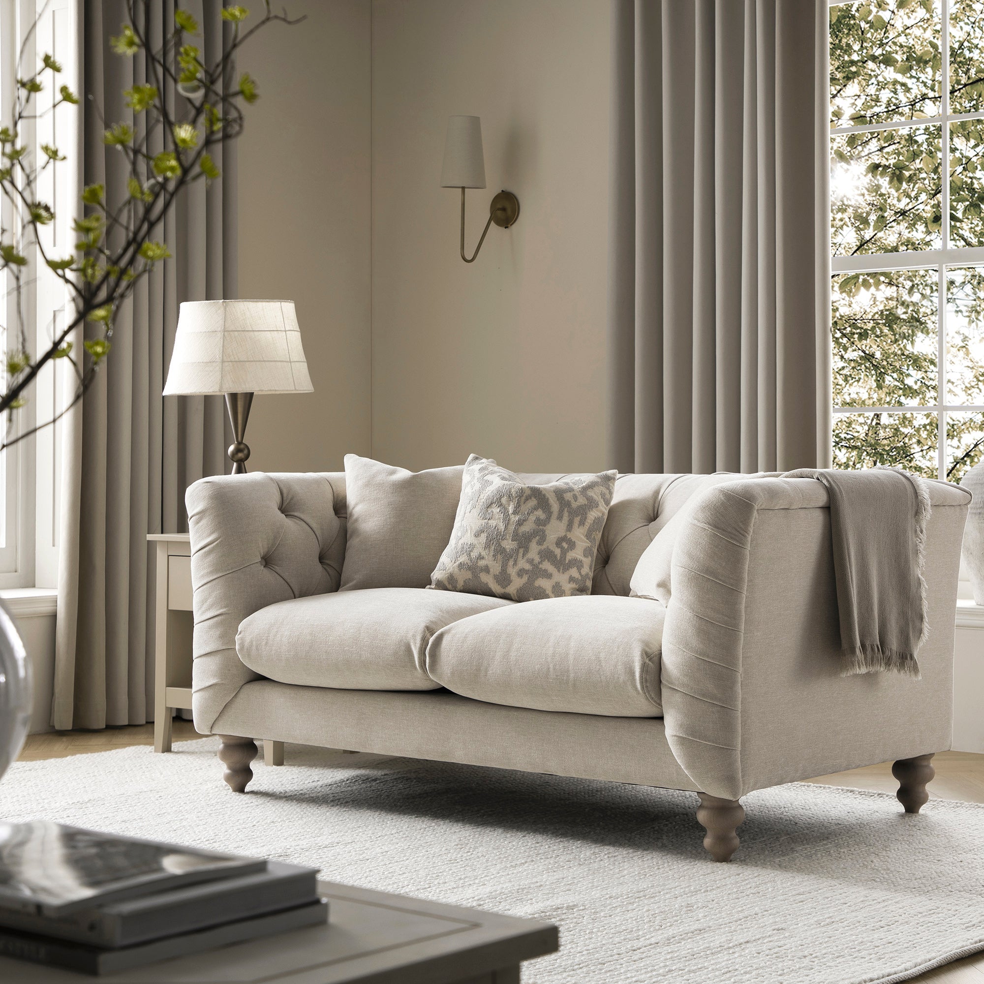 Ashby Chesterfield 2-Seater Sofa, Oatmeal Chenille