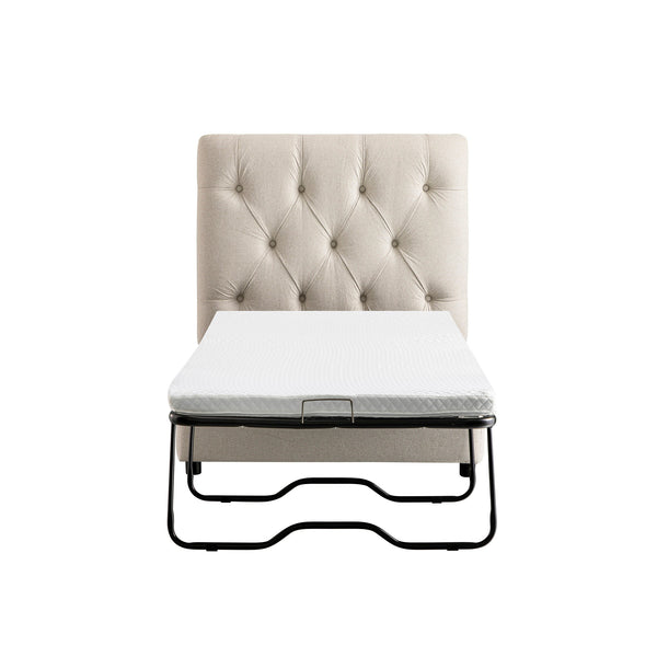 Portland Single Buttoned Fold-Out Bed in Ottoman, Beige Woven Fabric