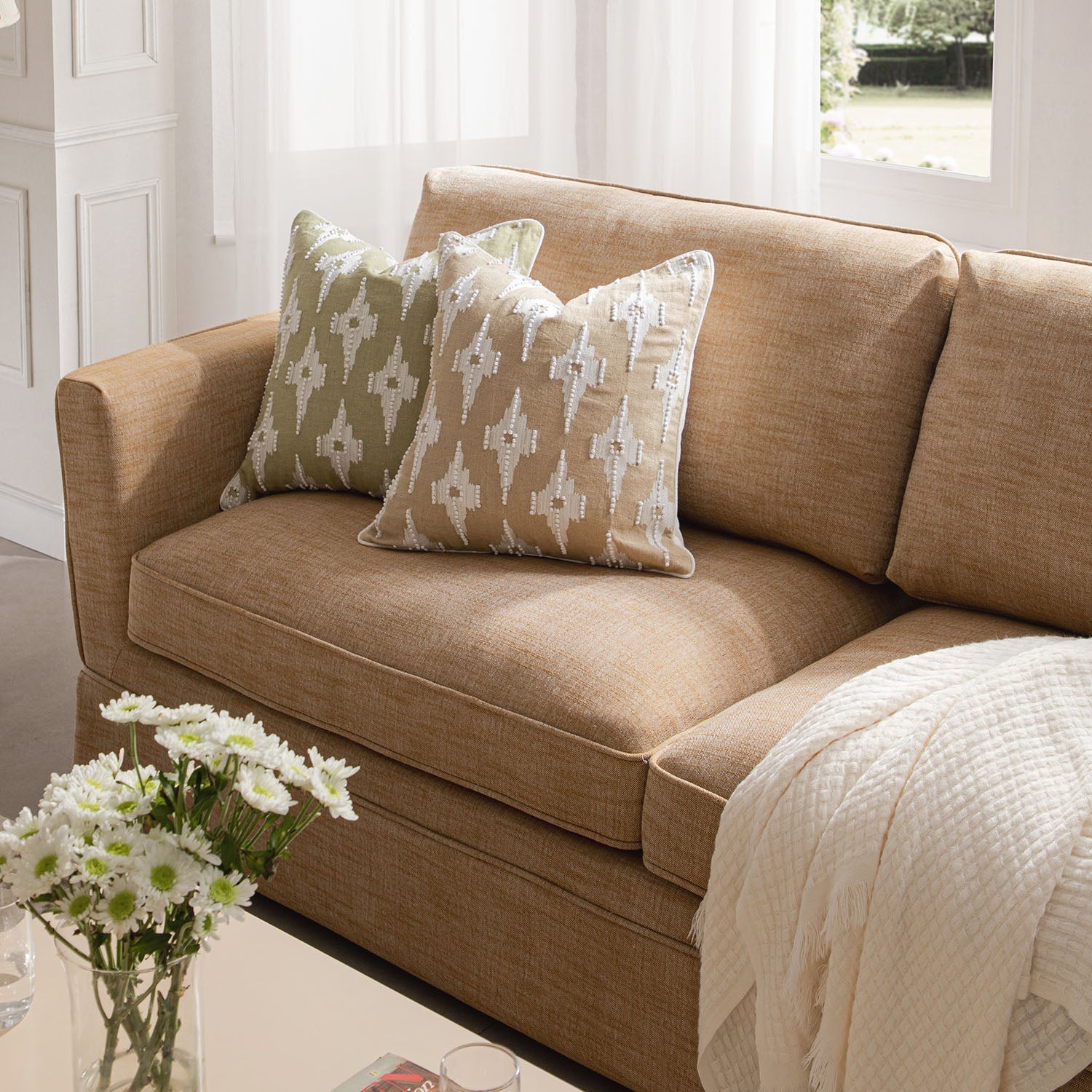 Fitz Skirted Large 3-Seater Sofa, Apricot Linen Blend
