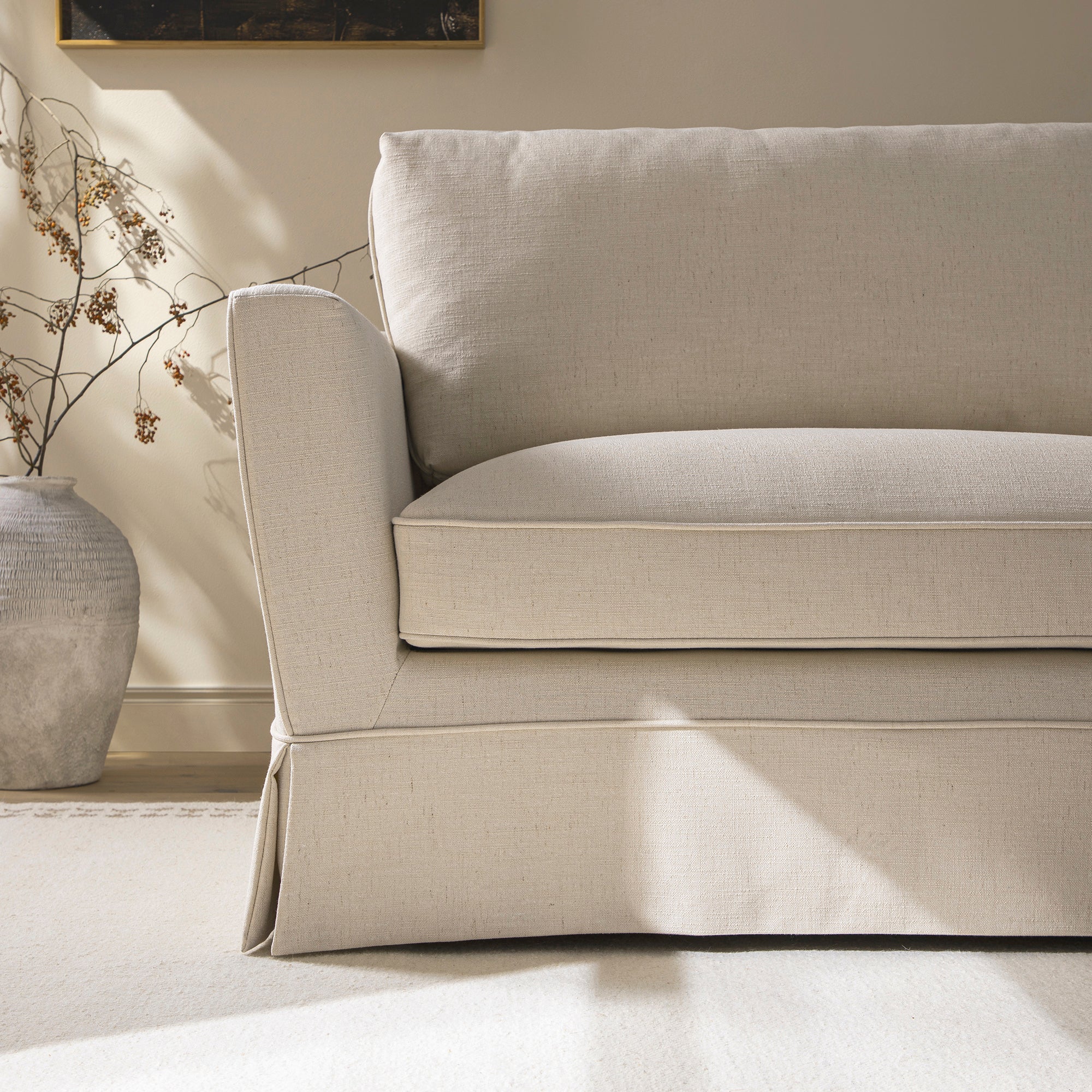 Fitz Skirted Loveseat, Oatmeal Linen Blend