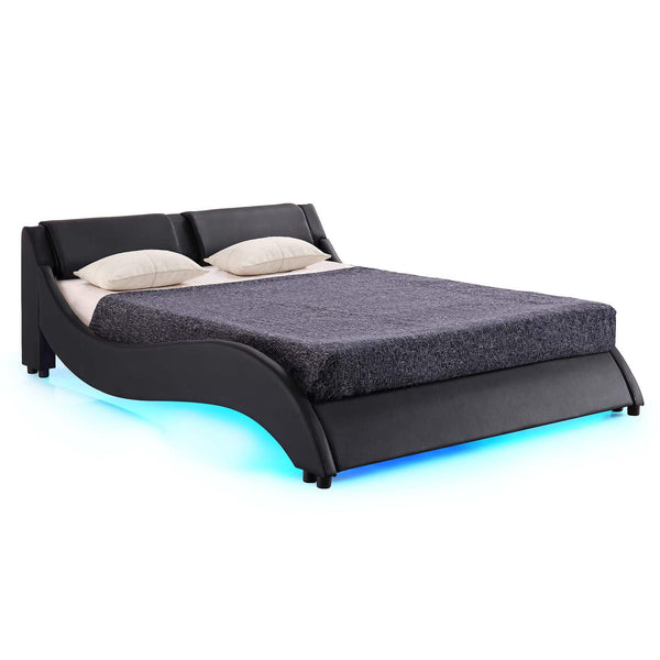 CORVUS Faux Leather Upholstered Bed Frame with Underbed LED Lights, Black - daals