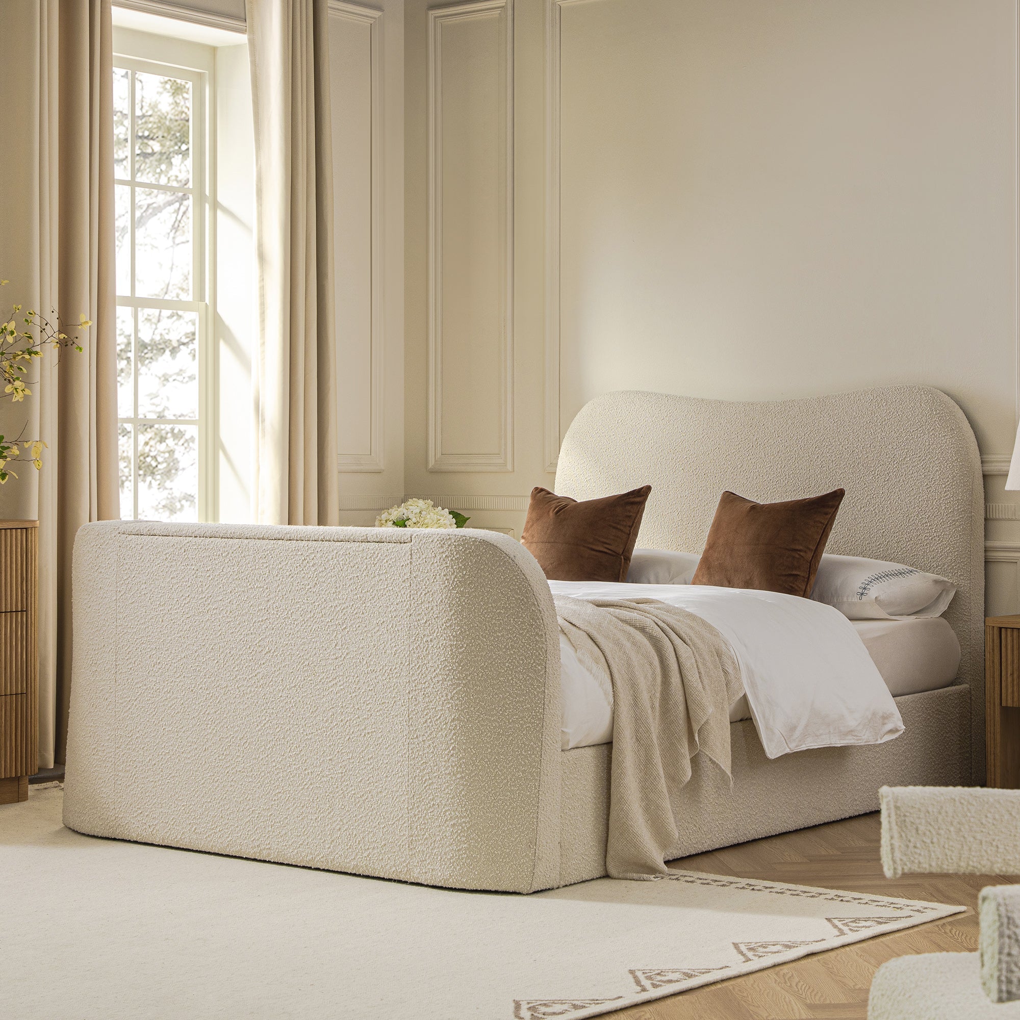 Egerie Curved Headboard Beige Boucle Ottoman TV Bed