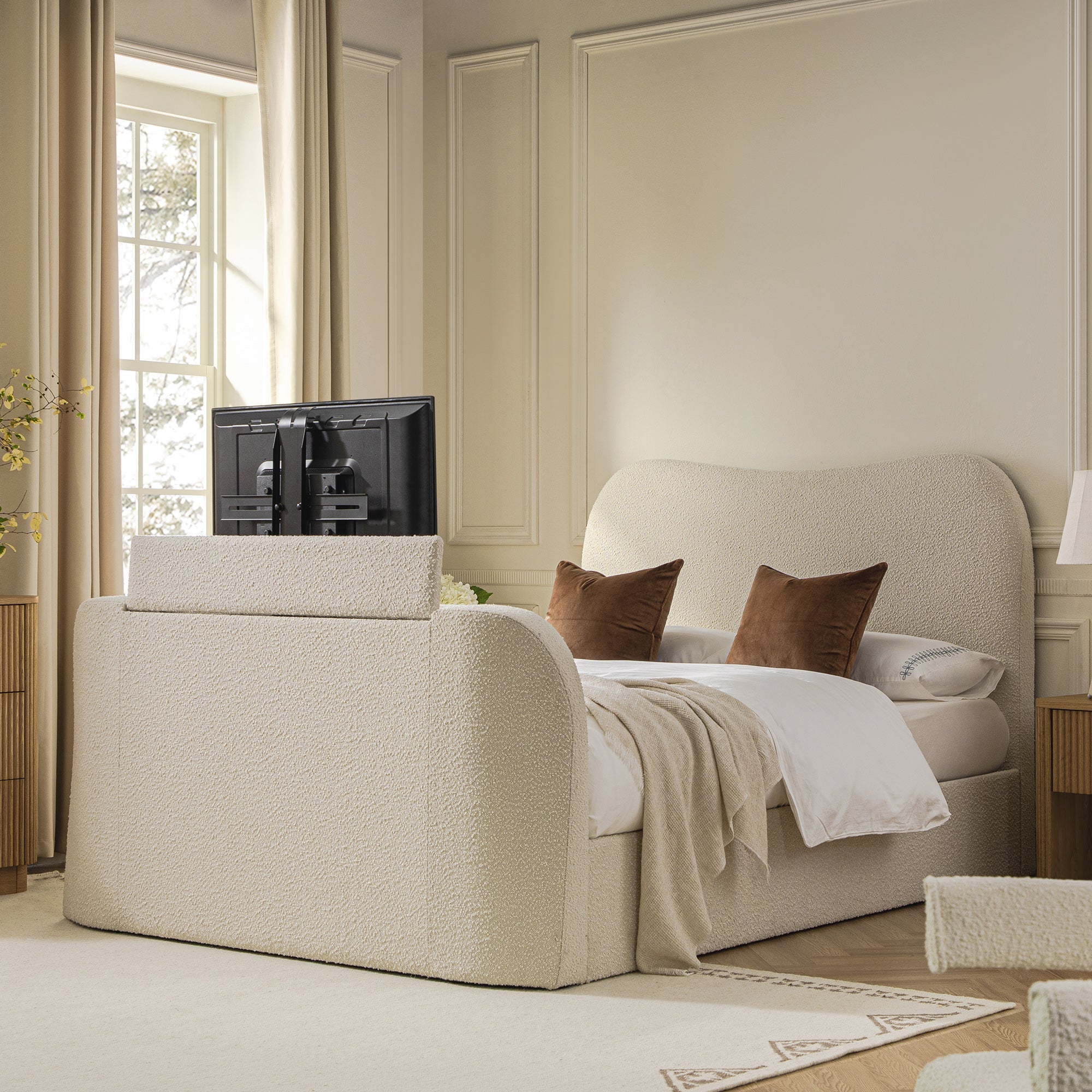 Egerie Curved Headboard Beige Boucle Ottoman TV Bed