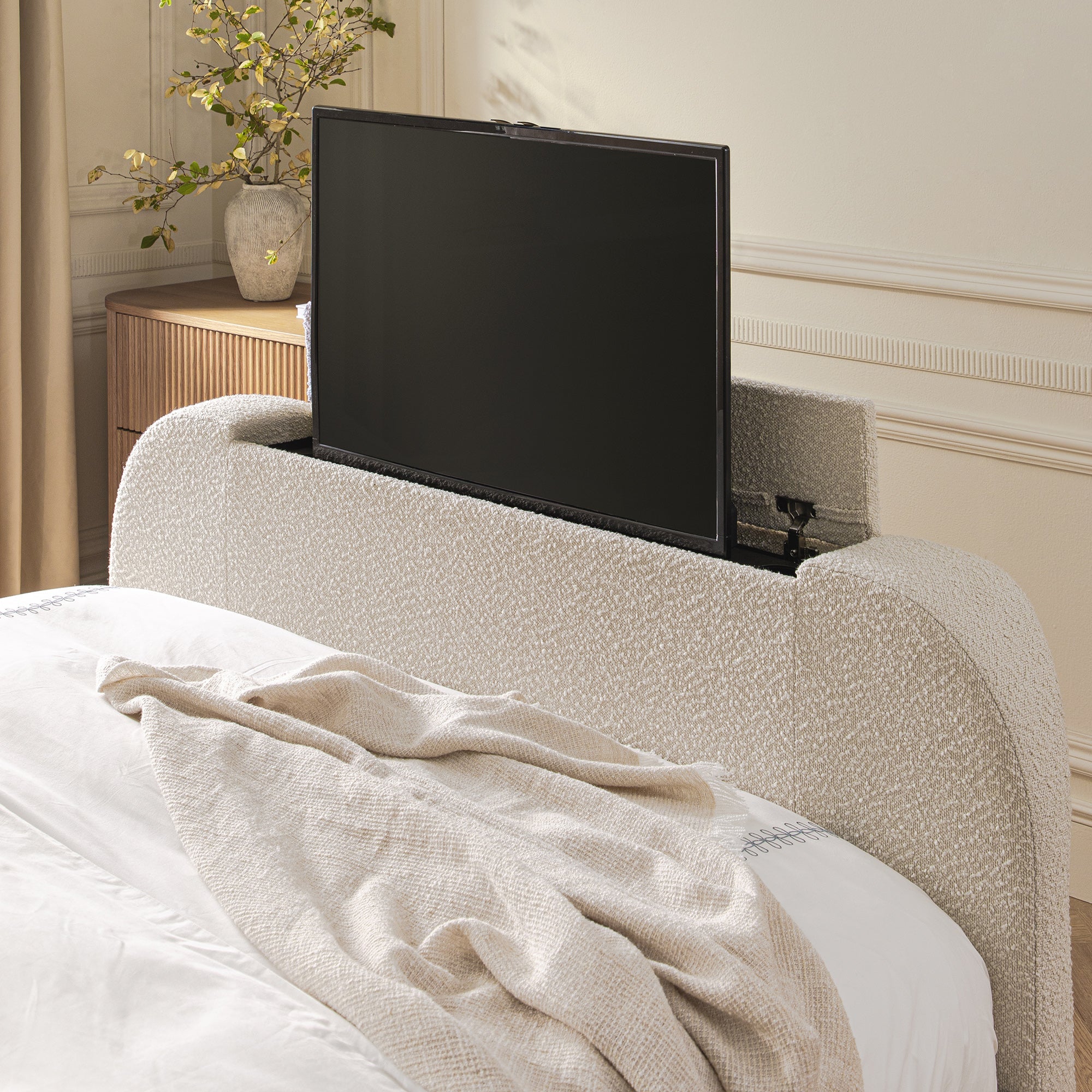 Egerie Curved Headboard Beige Boucle Ottoman TV Bed