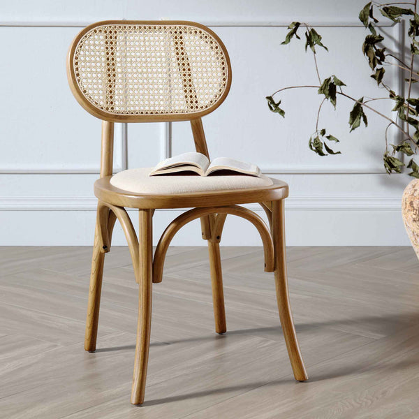 Anya Set of 2 Cane Rattan and Upholstered Dining Chairs, Light Walnut