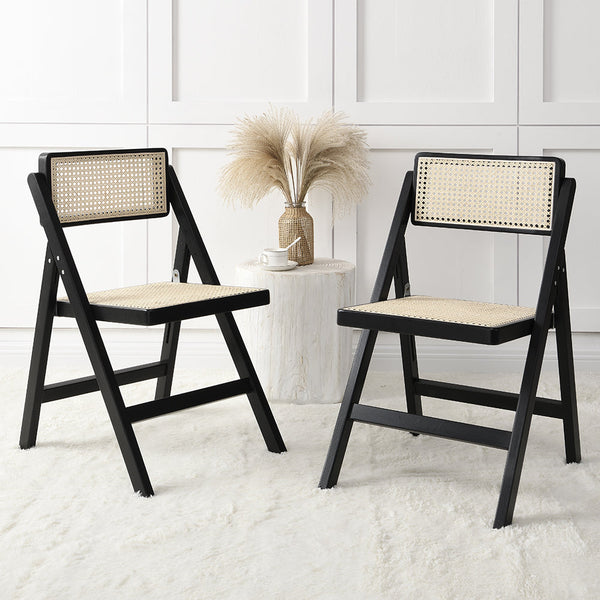 Frances Set of 2 Folding Cane Rattan Chairs, Black Colour
