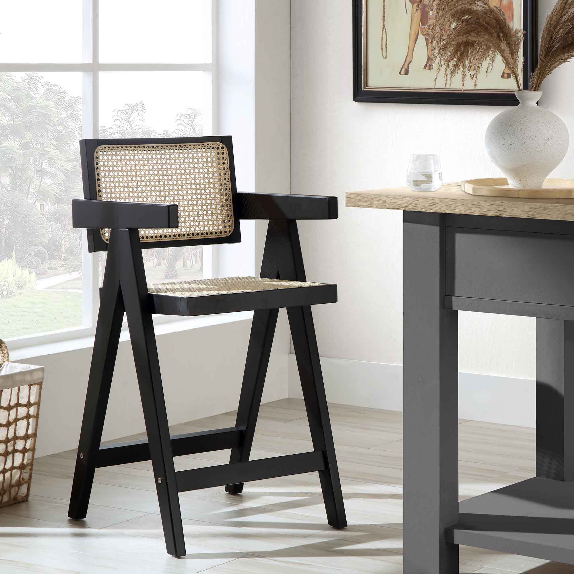 Jeanne Black Colour Cane Rattan Solid Beech Wood Counter Stool