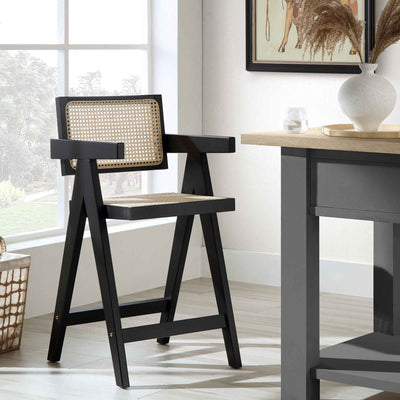 Jeanne Black Colour Cane Rattan Solid Beech Wood Counter Stool