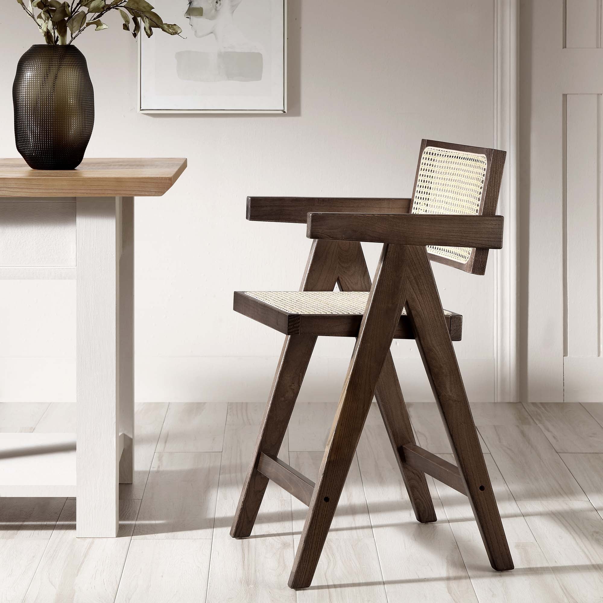 Jeanne Dark Walnut Cane Rattan Solid Beech Wood Counter Stool
