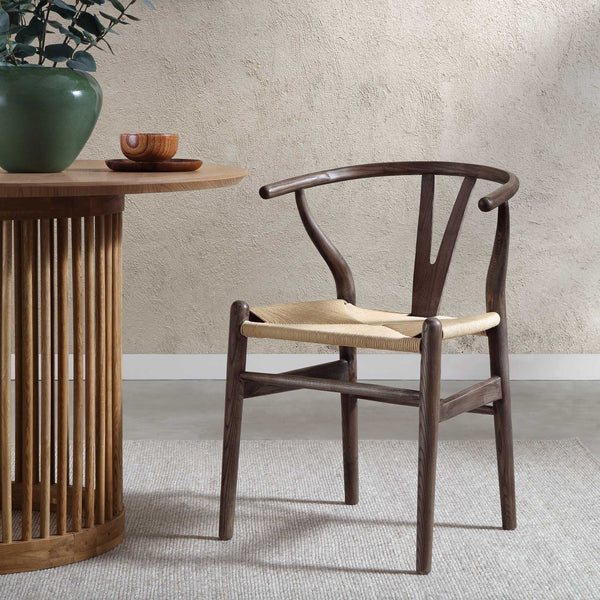 Hansel Wooden Natural Weave Wishbone Dining Chair, Dark Walnut Colour Frame