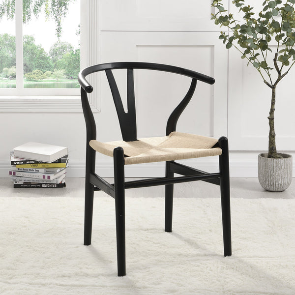 Hansel Wooden Natural Weave Wishbone Dining Chair, Black Colour Frame