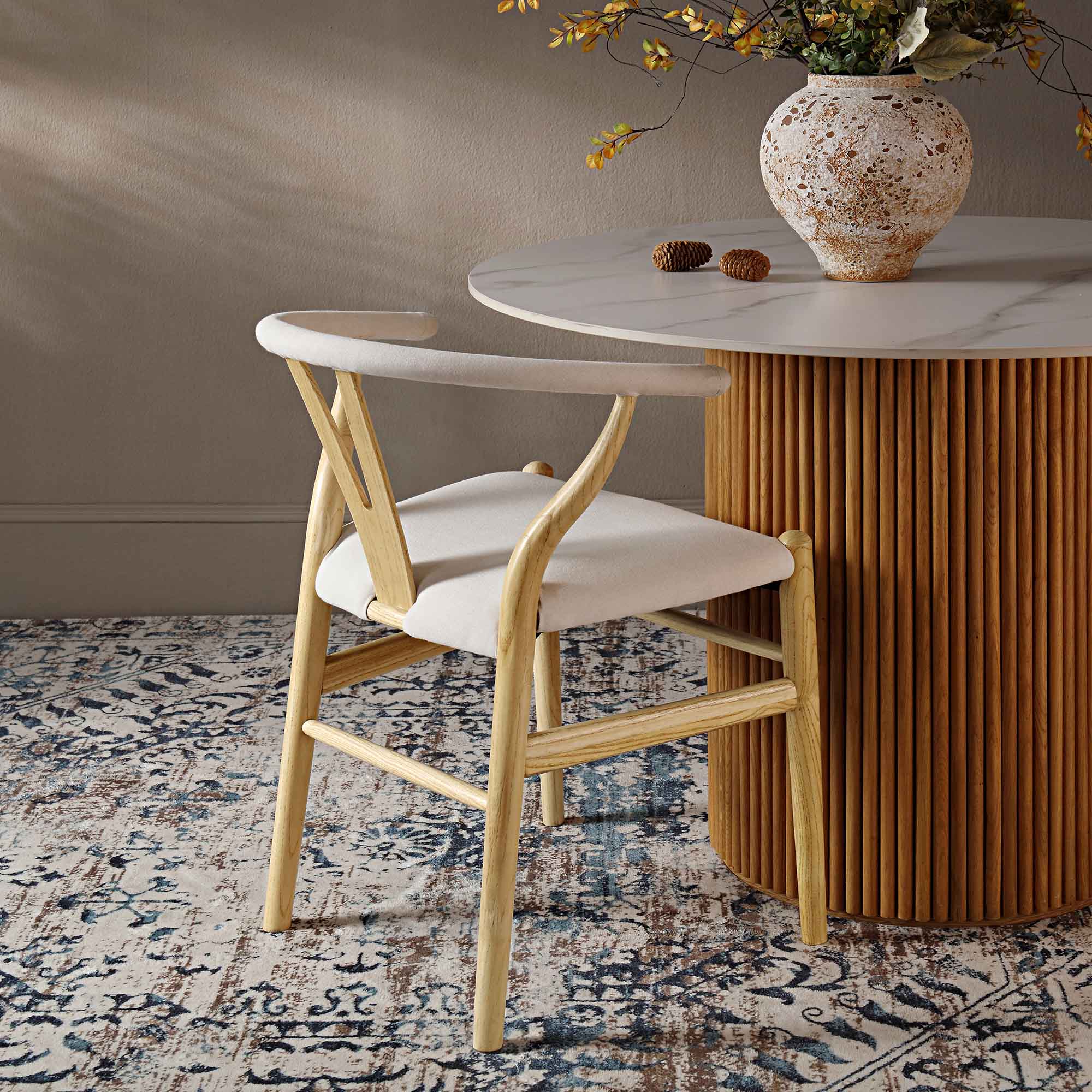 Hansel Wishbone Padded Dining Chair, Beige Fabric and Natural Frame