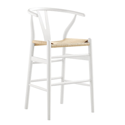 Hansel Wooden Natural Weave Wishbone Counter Stool, White Frame