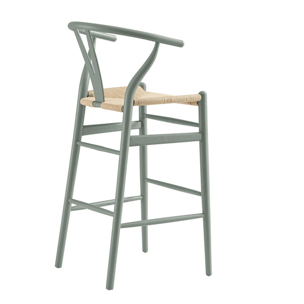 Hansel Wooden Natural Weave Bar Stool, Sage Green Frame