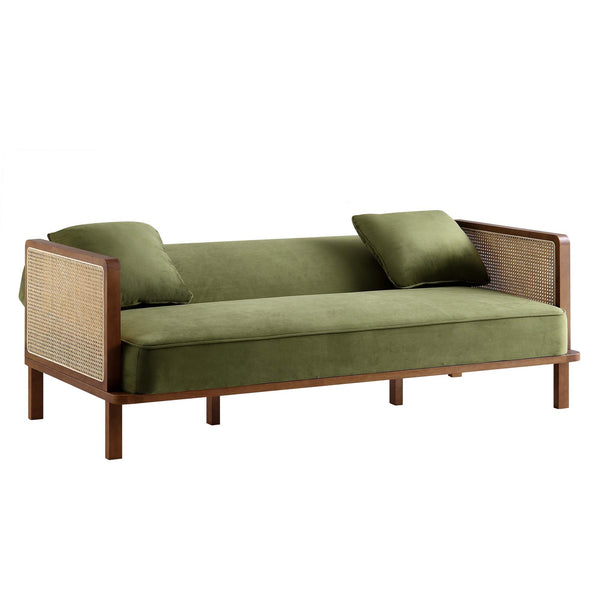 Pienza Cane Sofa Bed, Moss Green Velvet with Walnut Frame