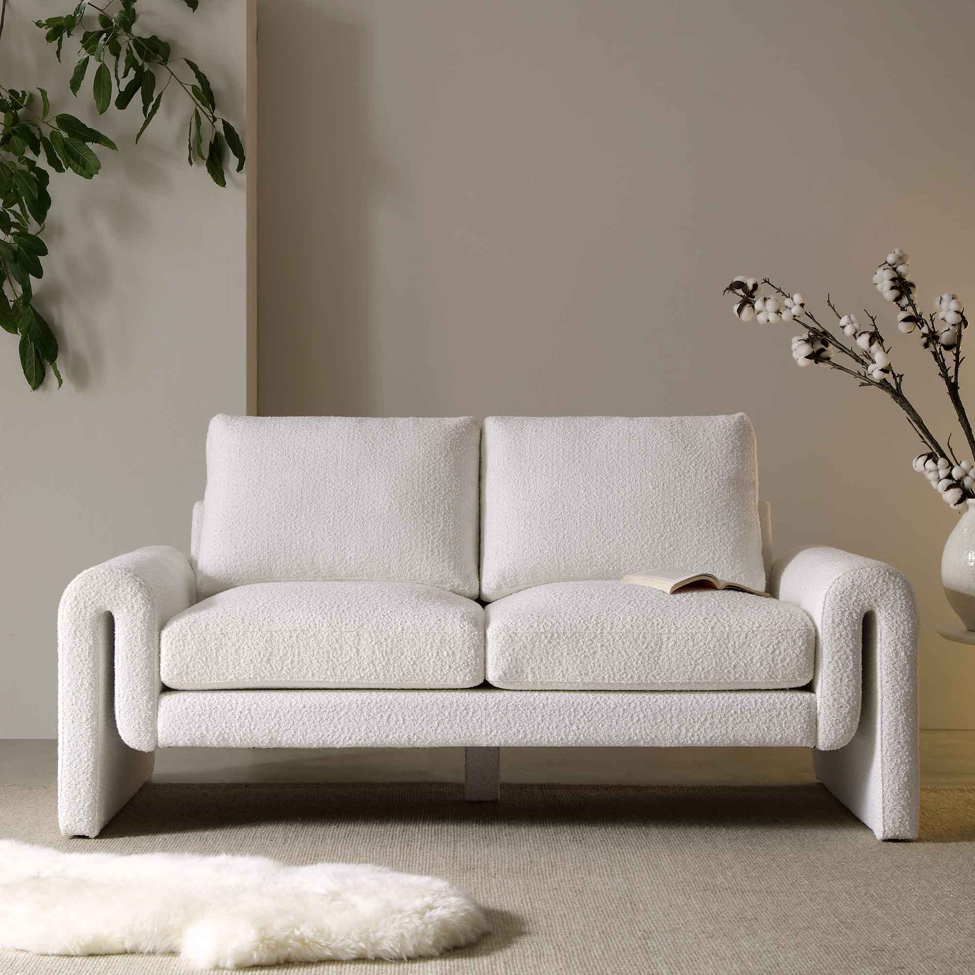 Hampstead White Boucle Curved 2-Seater Sofa