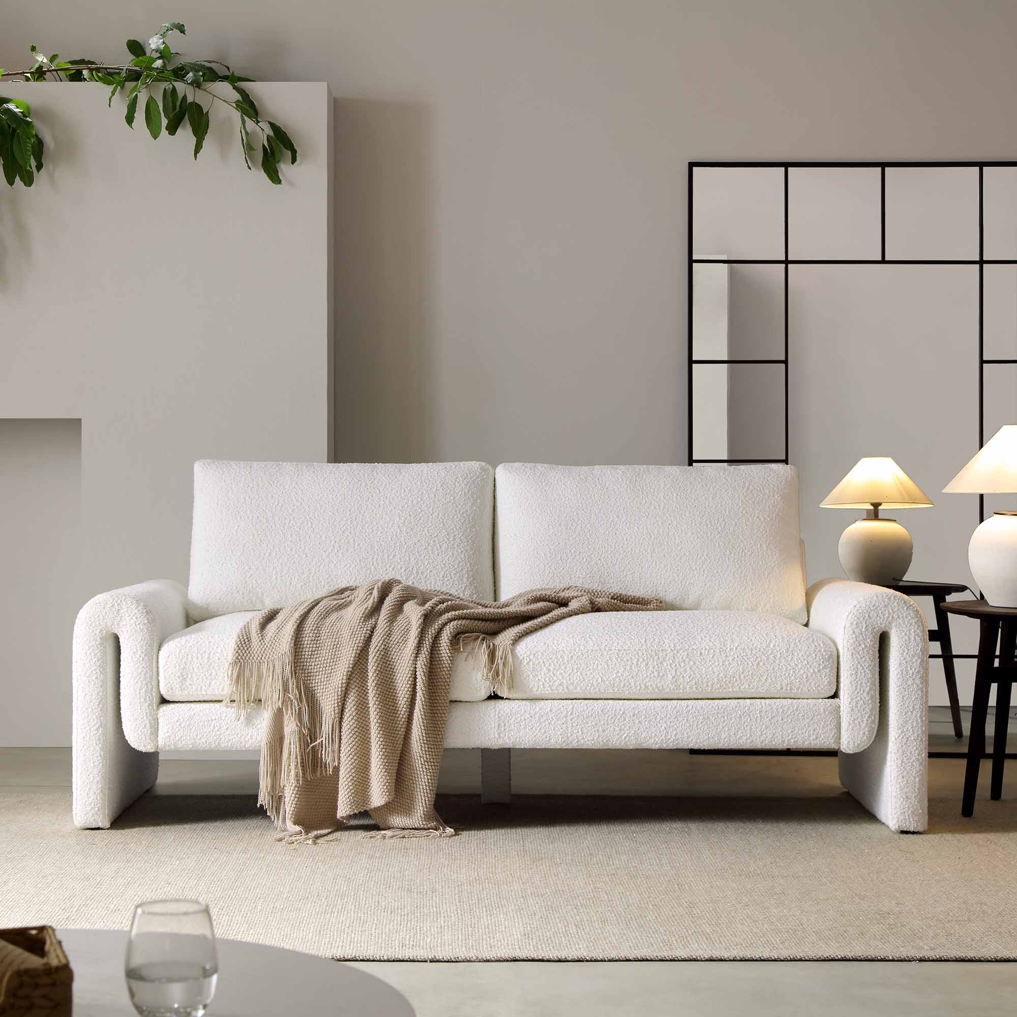 Hampstead White Boucle Curved 3-Seater Sofa