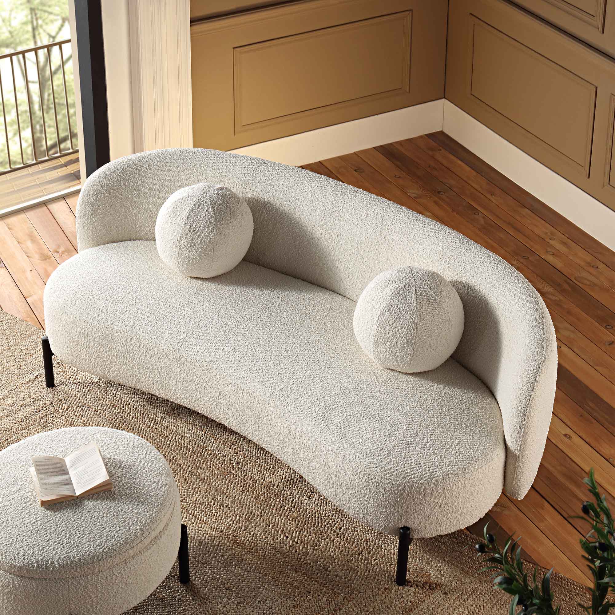 Amboise 3-Seater Curved Sofa with Ball Cushions, Ecru Boucle