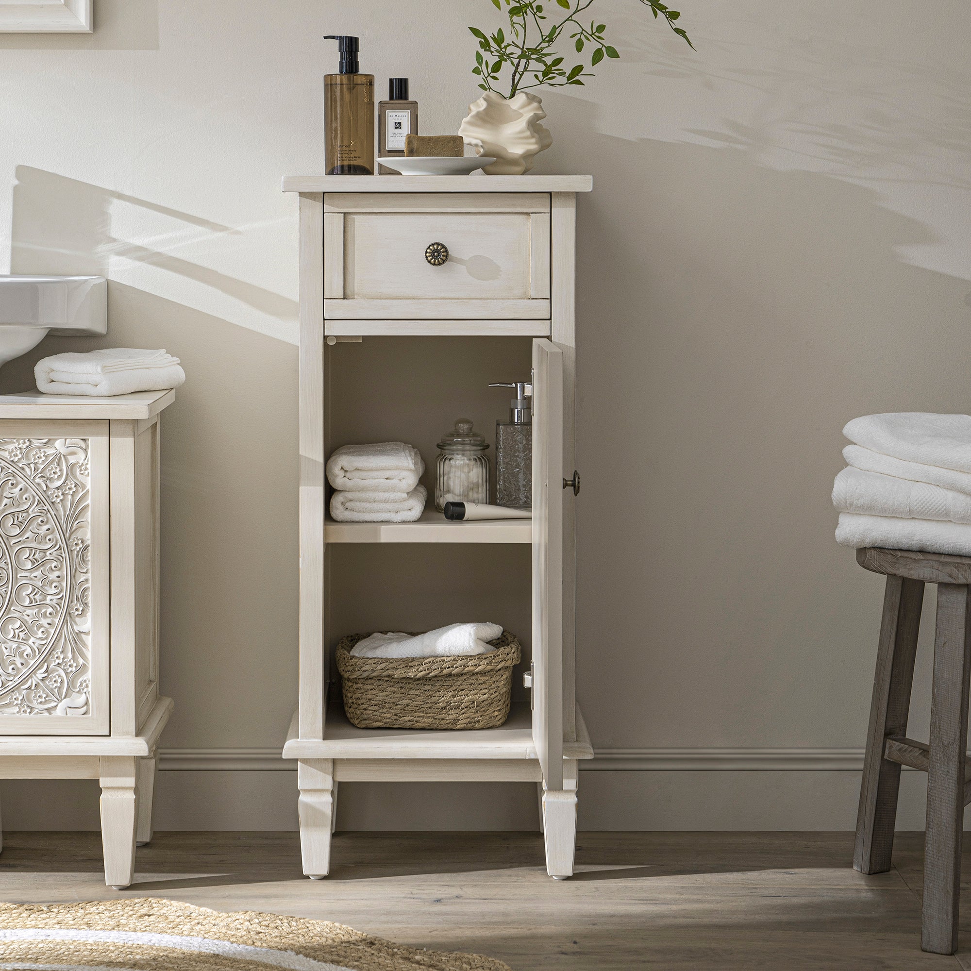 Chantilly Whitewashed Carved Bathroom Cupboard