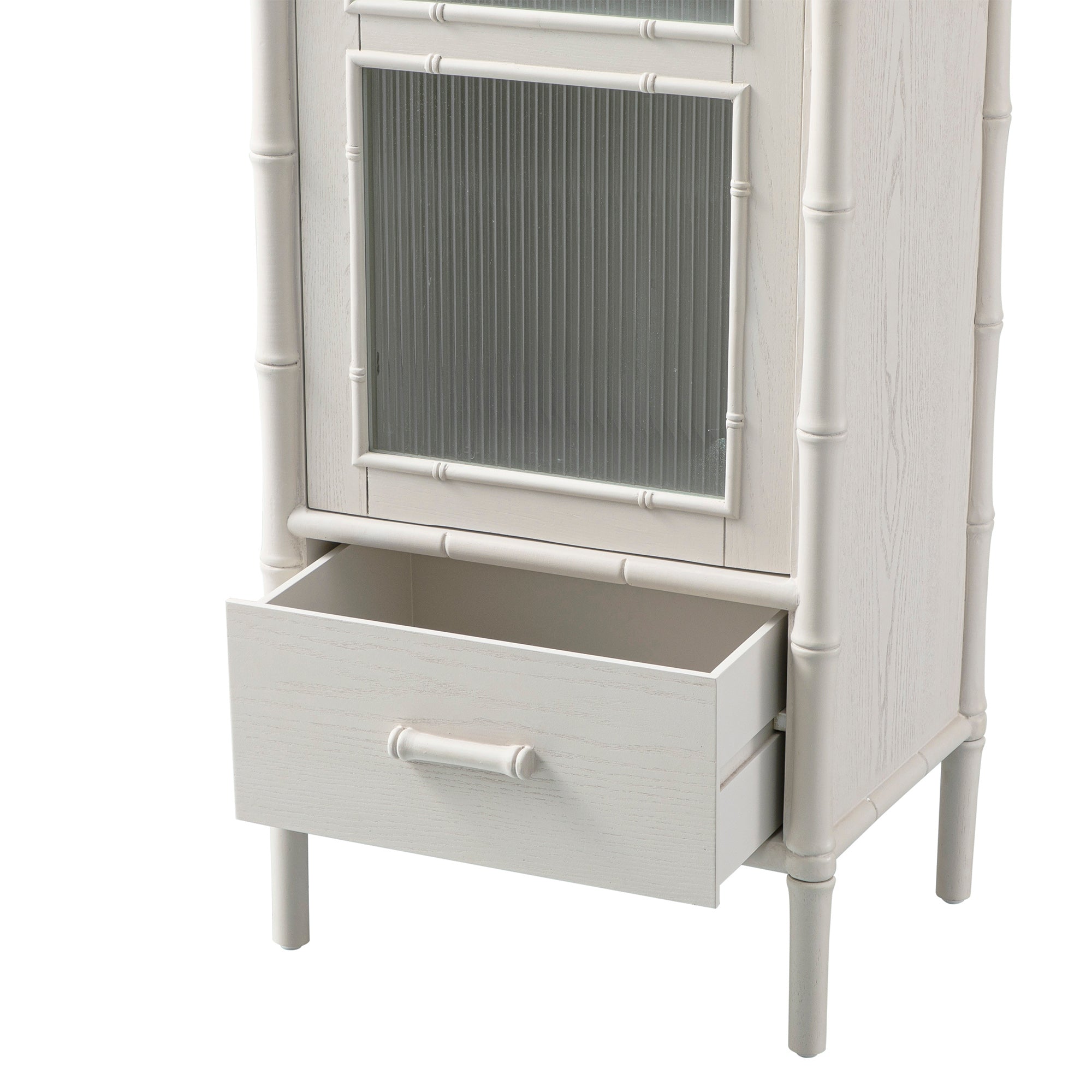 Elstowe Faux Bamboo and Fluted Glass 1-Door Cabinet, Shaded White