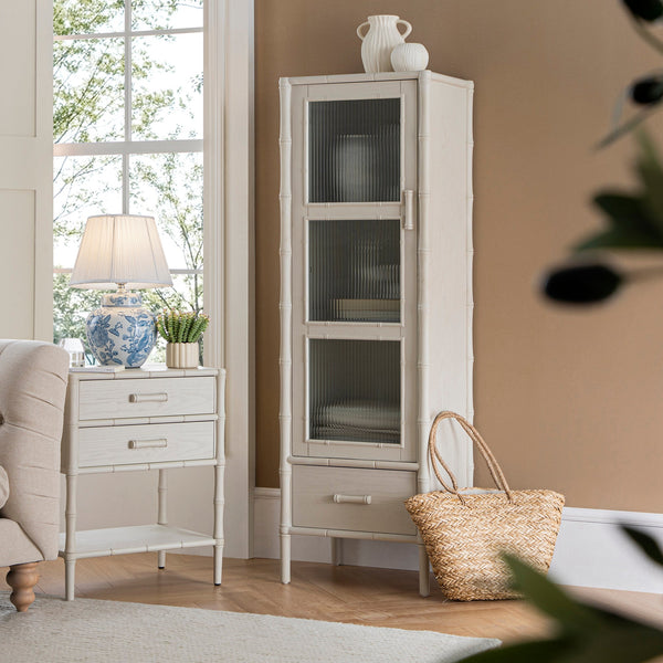 Elstowe Faux Bamboo and Fluted Glass 1-Door Cabinet, Shaded White