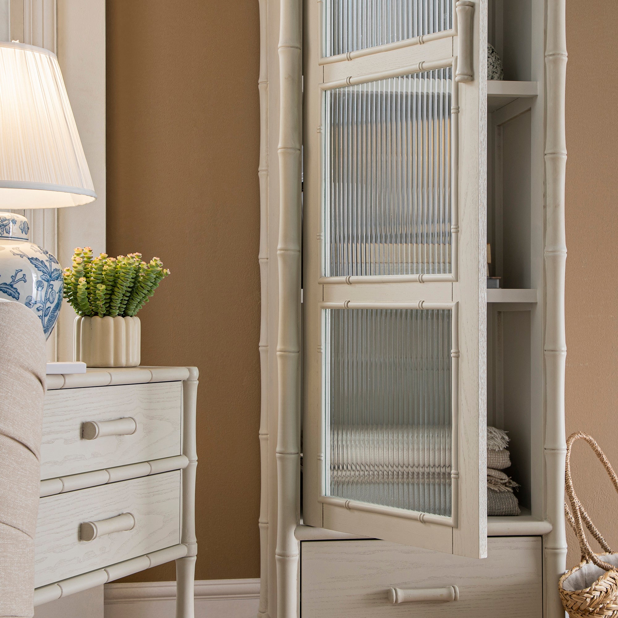 Elstowe Faux Bamboo and Fluted Glass 1-Door Cabinet, Shaded White