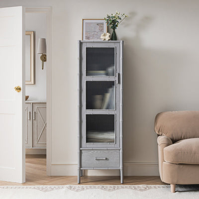Elstowe Faux Bamboo and Fluted Glass 1-Door Cabinet, Warm Grey