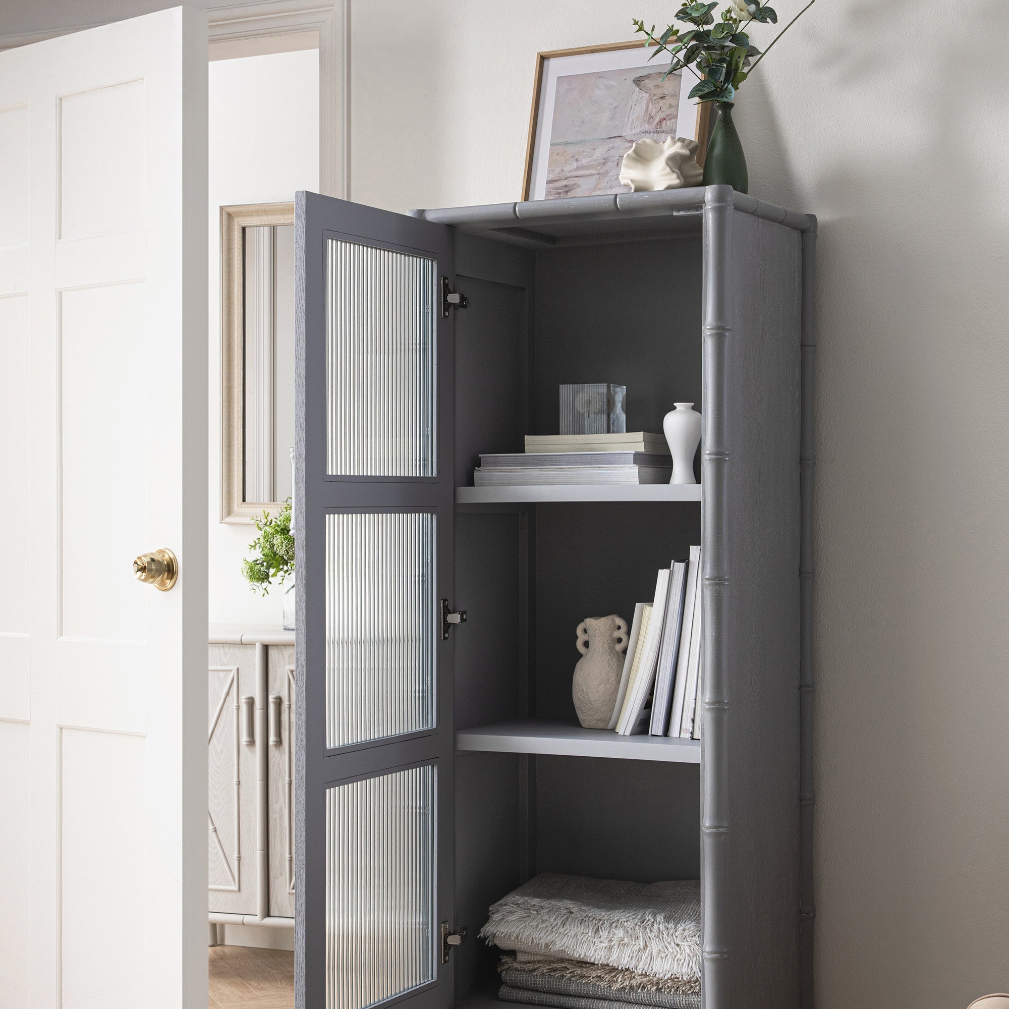 Elstowe Faux Bamboo and Fluted Glass 1-Door Cabinet, Warm Grey