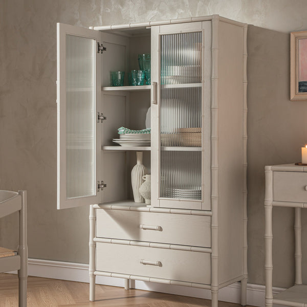 Elstowe Faux Bamboo and Fluted Glass 2-Door Cabinet, Shaded White