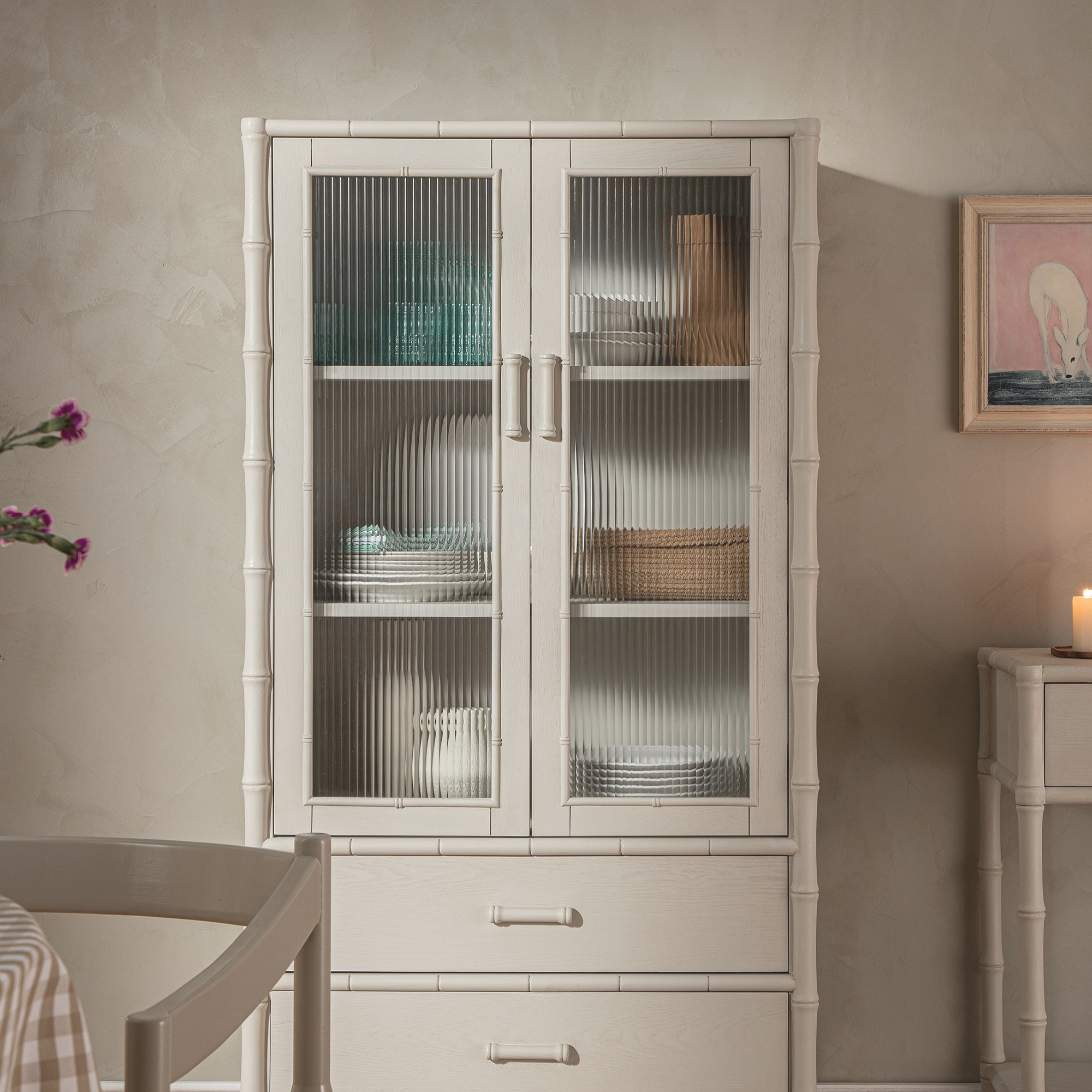 Elstowe Faux Bamboo and Fluted Glass 2-Door Cabinet, Shaded White