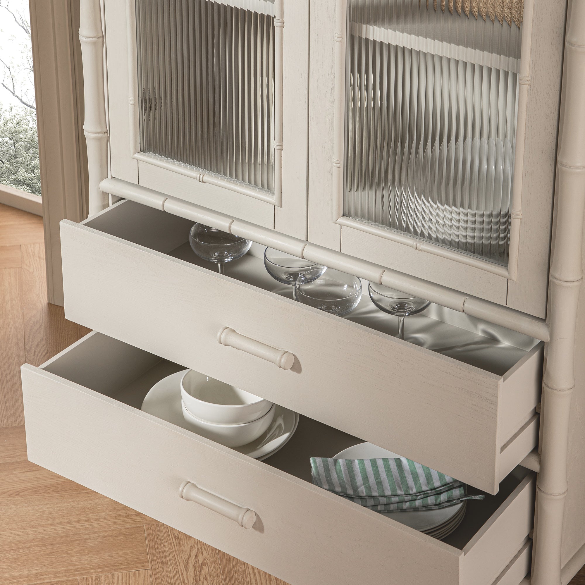 Elstowe Faux Bamboo and Fluted Glass 2-Door Cabinet, Shaded White