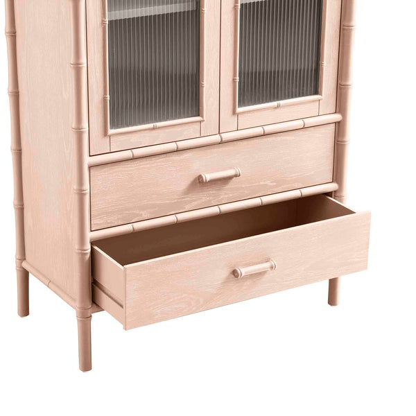 Elstowe Faux Bamboo and Fluted Glass 2-Door Cabinet, Nude Pink