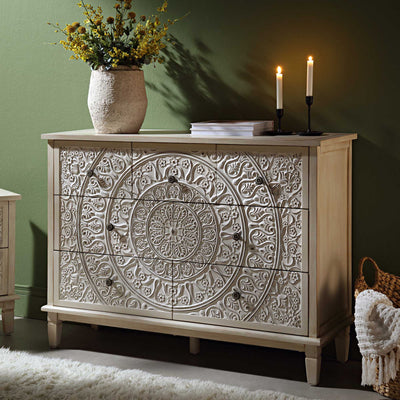 Chantilly Whitewashed Carved 3 over 4 Drawer Chest