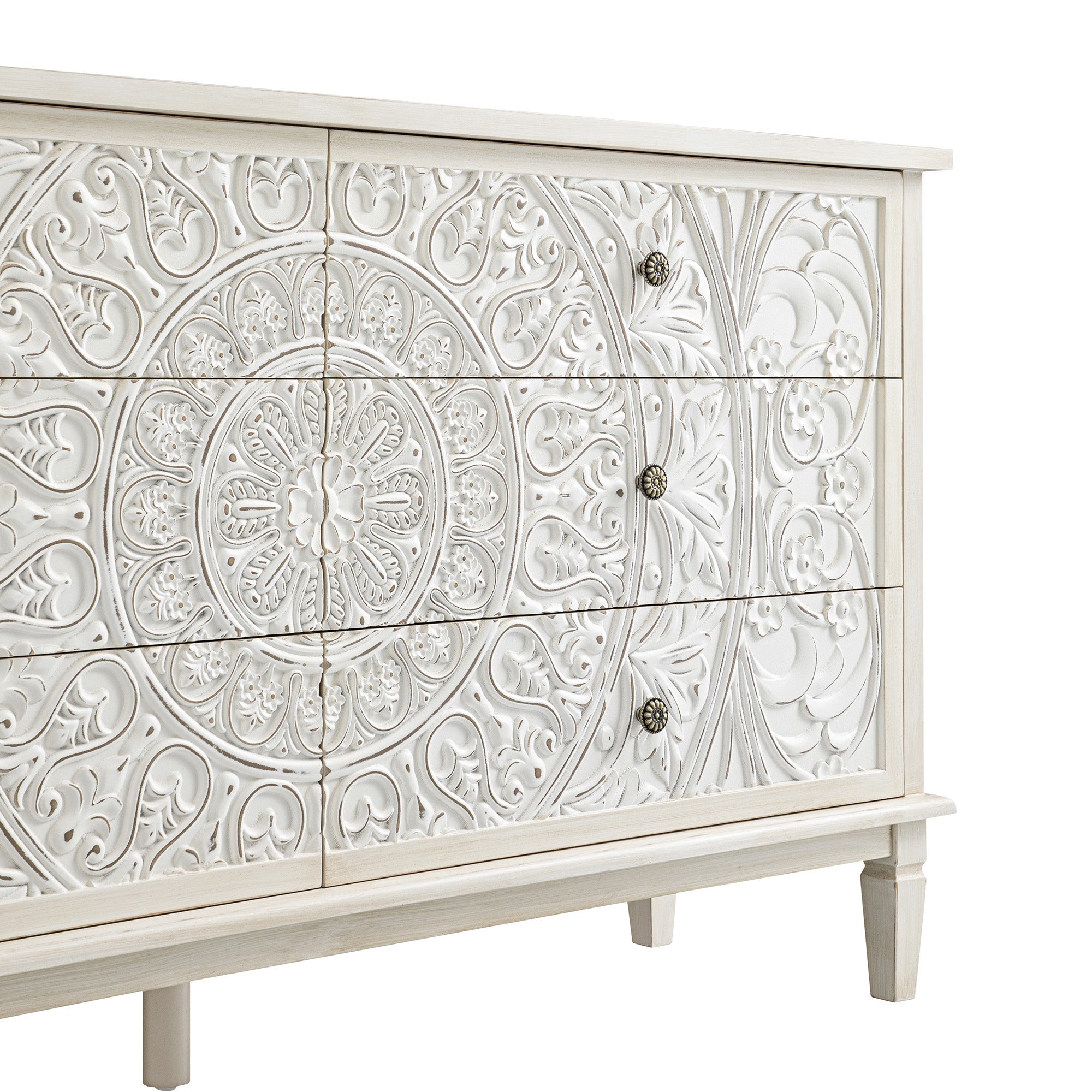 Chantilly Whitewashed Carved Wide 6 Drawer Chest