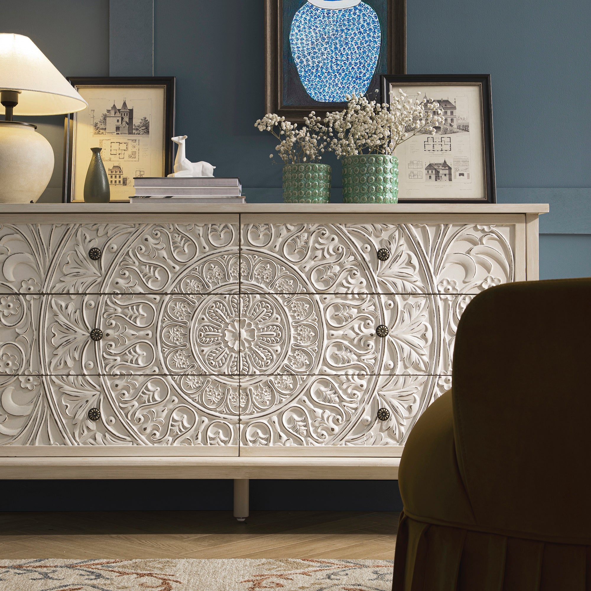 Chantilly Whitewashed Carved Wide 6 Drawer Chest