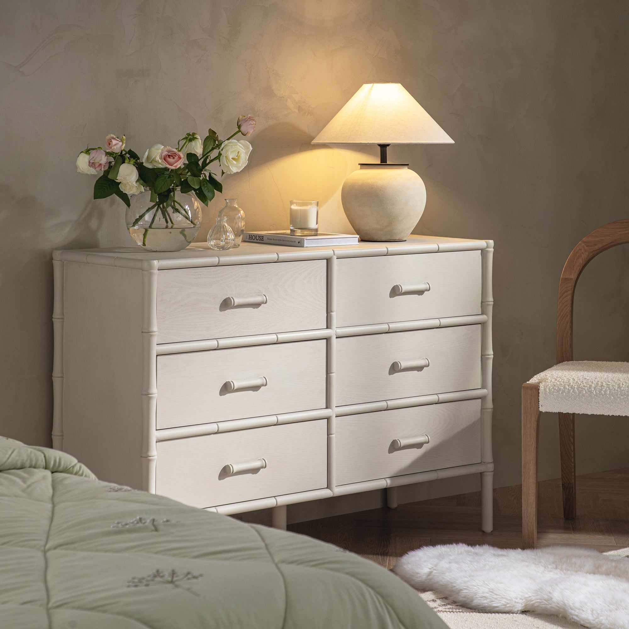 Elstowe Faux Bamboo 6-Drawer Chest, Shaded White