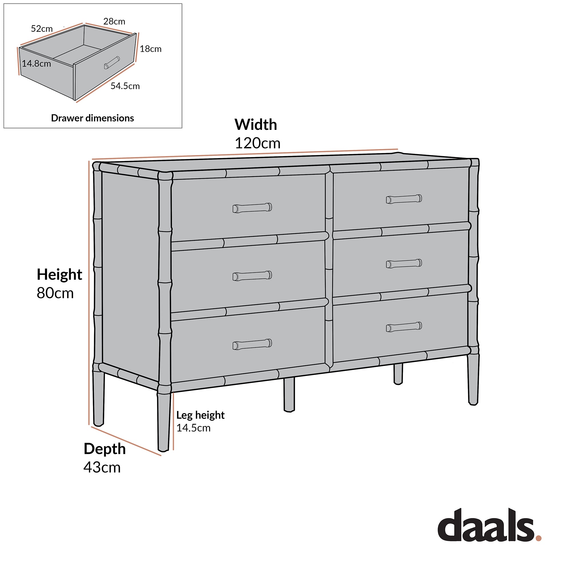 Elstowe Faux Bamboo 6-Drawer Chest, Sage Green