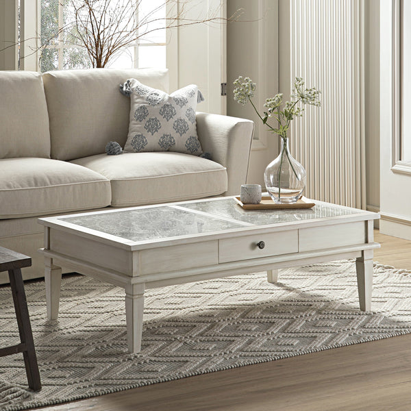 Chantilly Whitewashed Coffee Table with Drawers