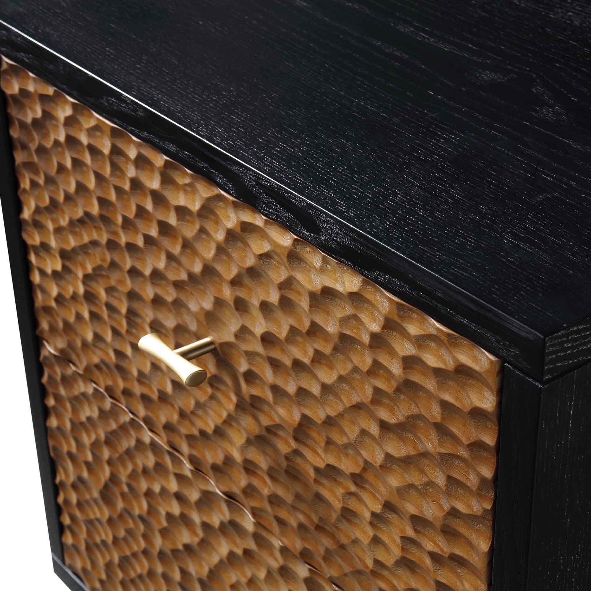 Bianca Chip Carved Bedside Table, Antique Bronze & Black