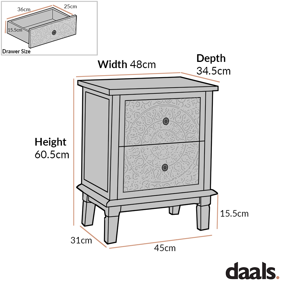 Chantilly Mid Grey Carved 2 Drawer Bedside Table