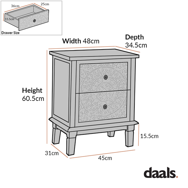 Chantilly Mid Grey Carved 2 Drawer Bedside Table