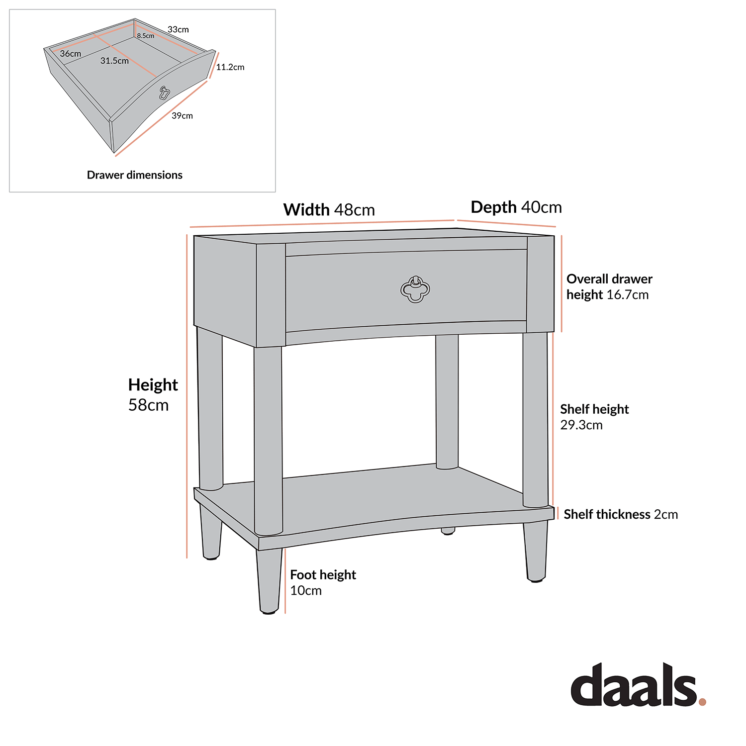 Thalia Concave 1 Drawer Bedside Table, Silver Oak