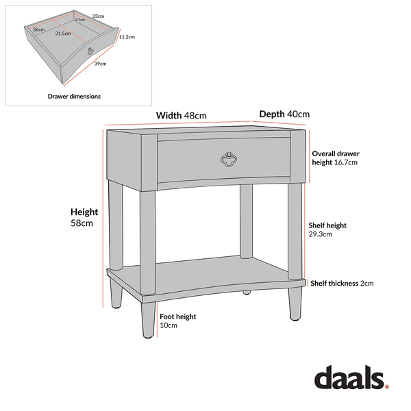 Thalia Concave 1 Drawer Bedside Table, Washed White