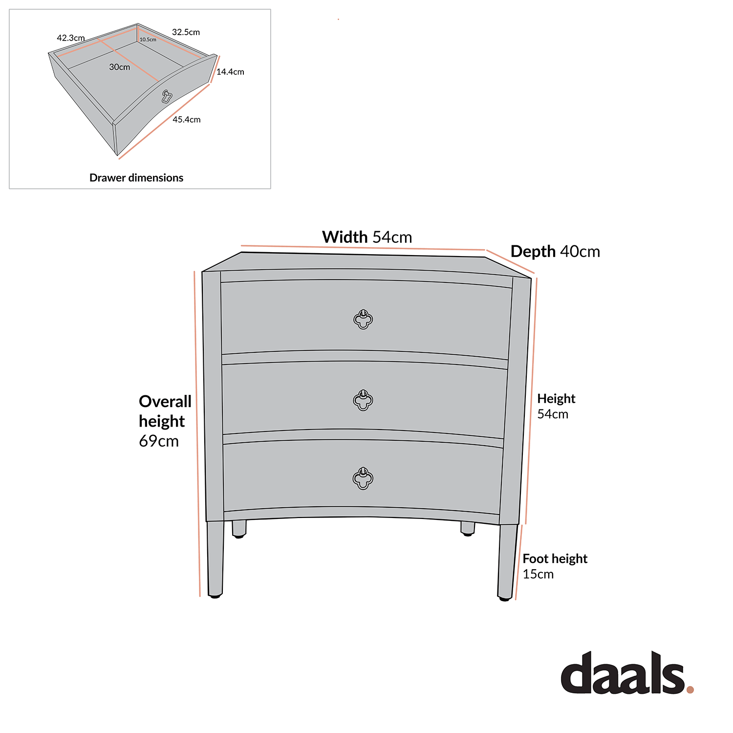 Thalia Concave 3 Drawer Bedside Table, Silver Oak