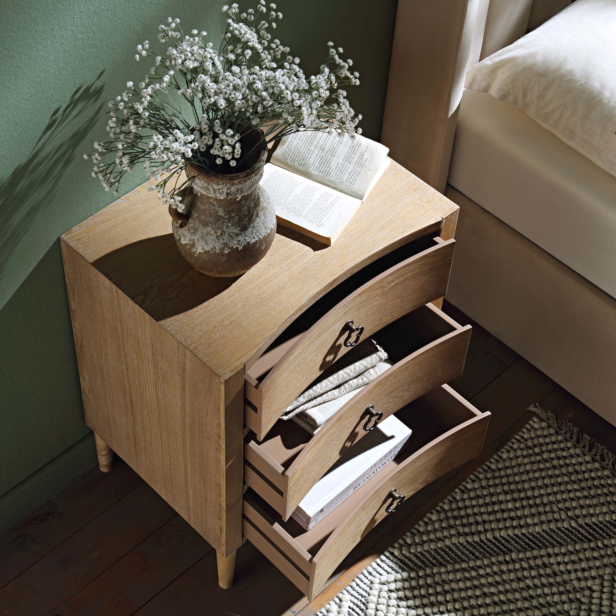 Thalia Concave 3 Drawer Bedside Table, Natural