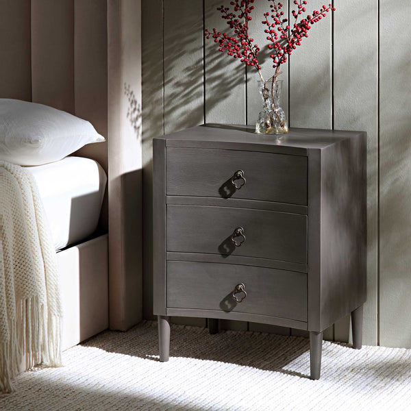 Thalia Concave 3 Drawer Bedside Table, Silver Oak
