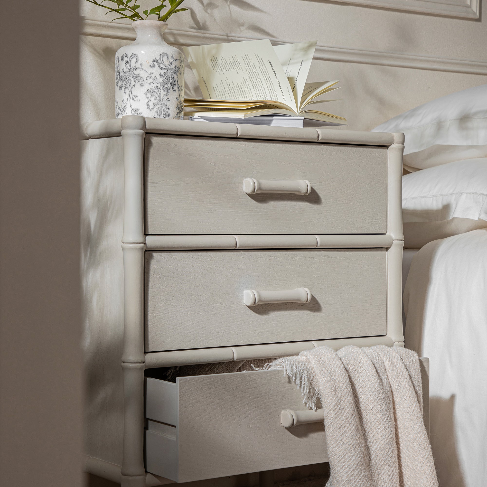 Elstowe Faux Bamboo 3-Drawer Bedside Table, Shaded White