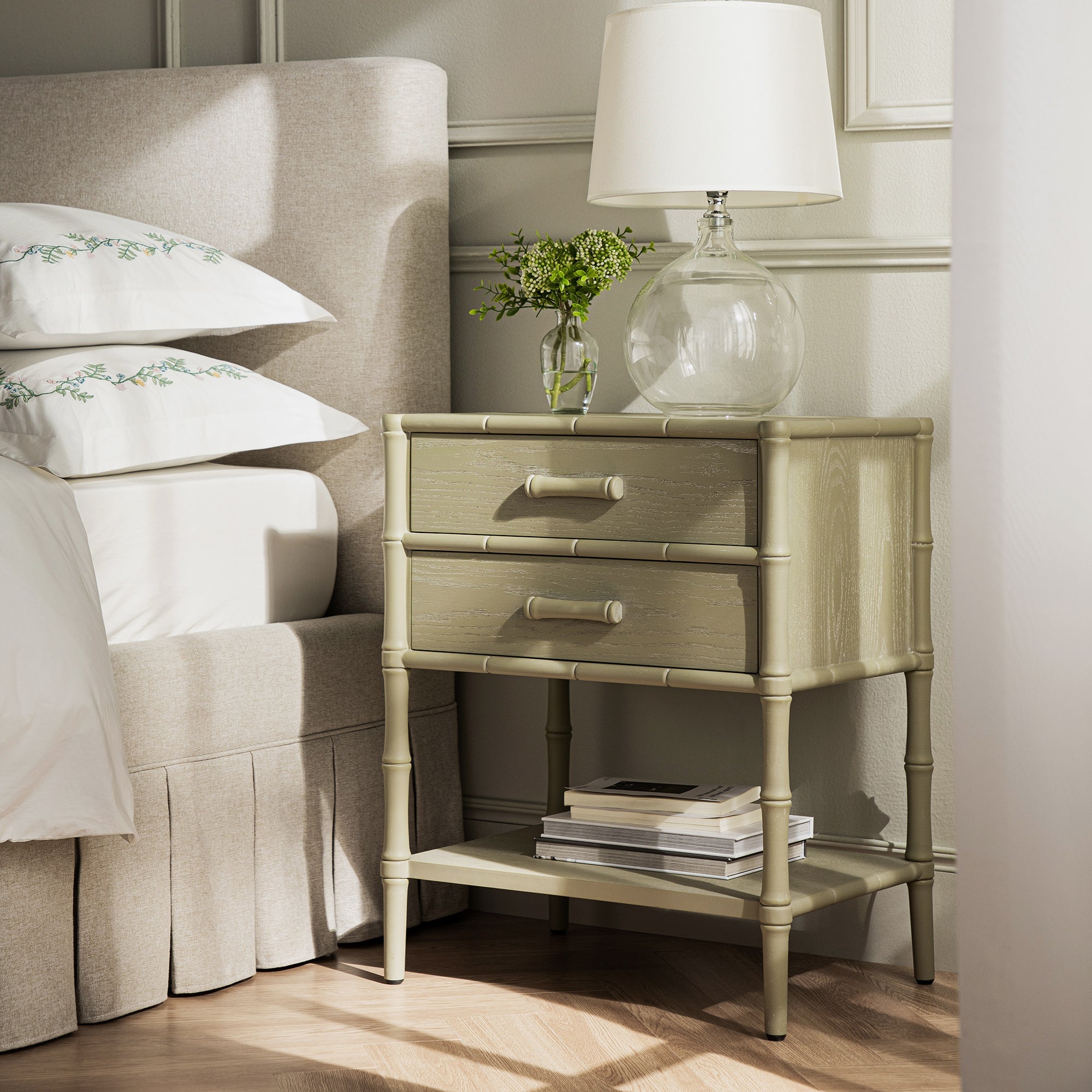 Elstowe Faux Bamboo 2-Drawer Bedside Table, Sage Green