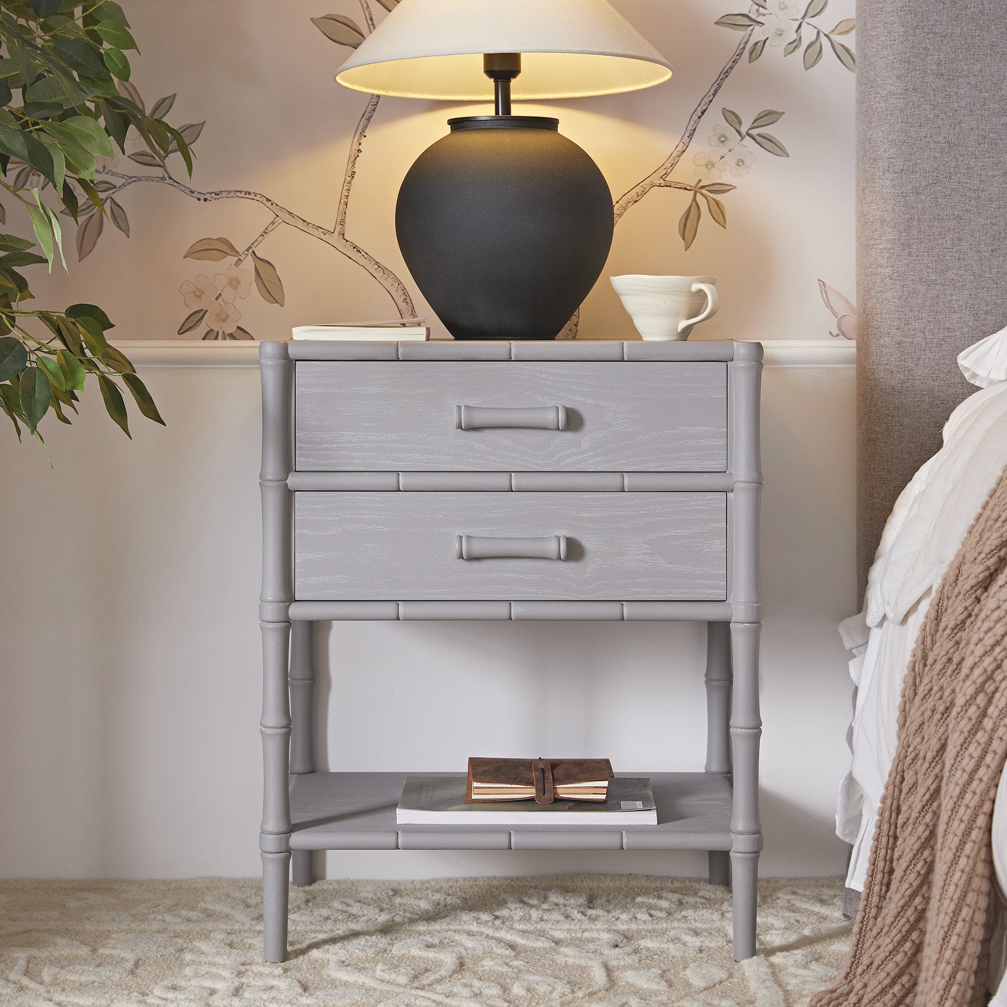 Elstowe Faux Bamboo 2-Drawer Bedside Table, Warm Grey